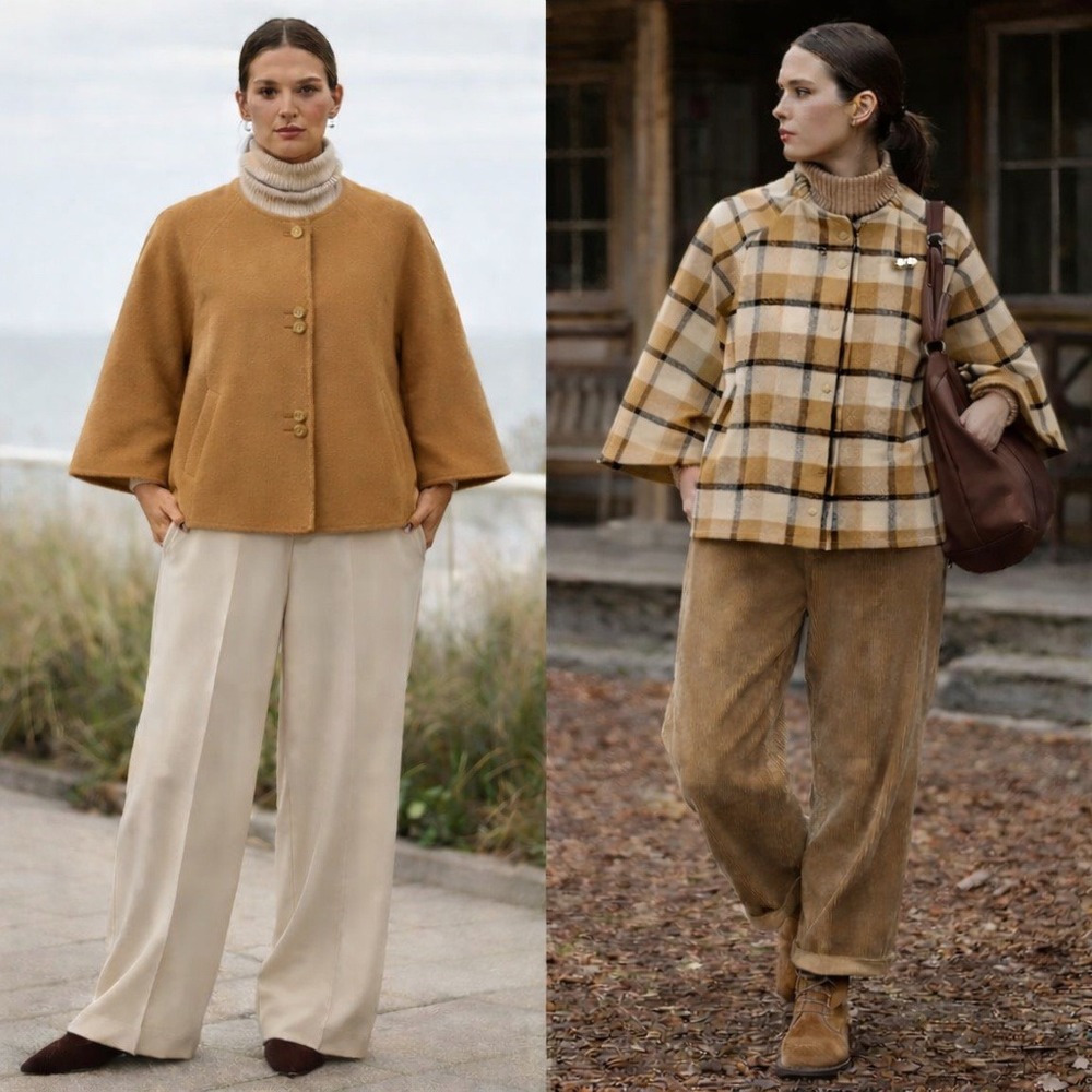 Reversible Wool Cape | Camel & Nova Check | Mountain Chic Quiet‎ Luxury O/S